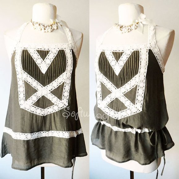 mine Tops - Olive Green Cream Lace Trim BOHO Gauze Airy Top